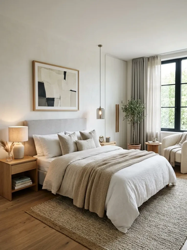 Thoughtfully decorated dark bedroom with simple and timeless accents.