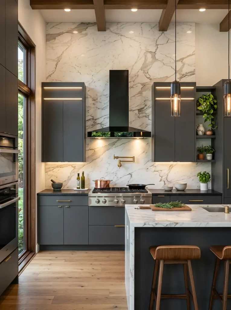 Cooking area with ceiling-height marble backsplash and charcoal kitchen cabinets.