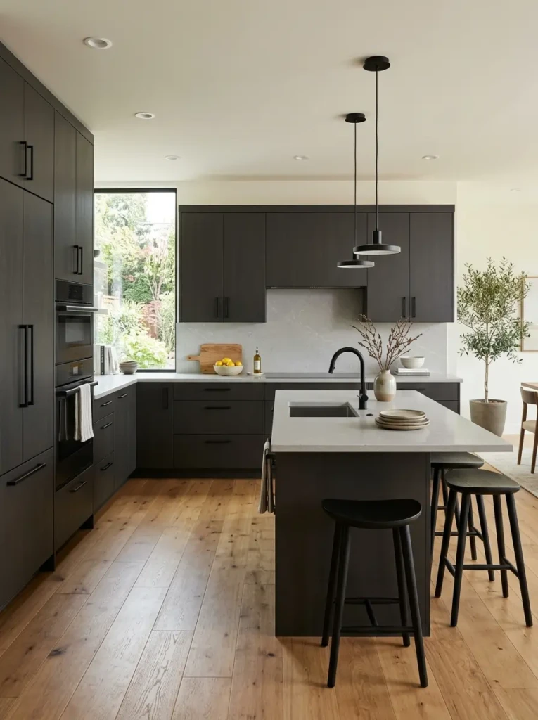 Modern kitchen featuring iron ore cabinets, matte black hardware, and warm oak flooring.