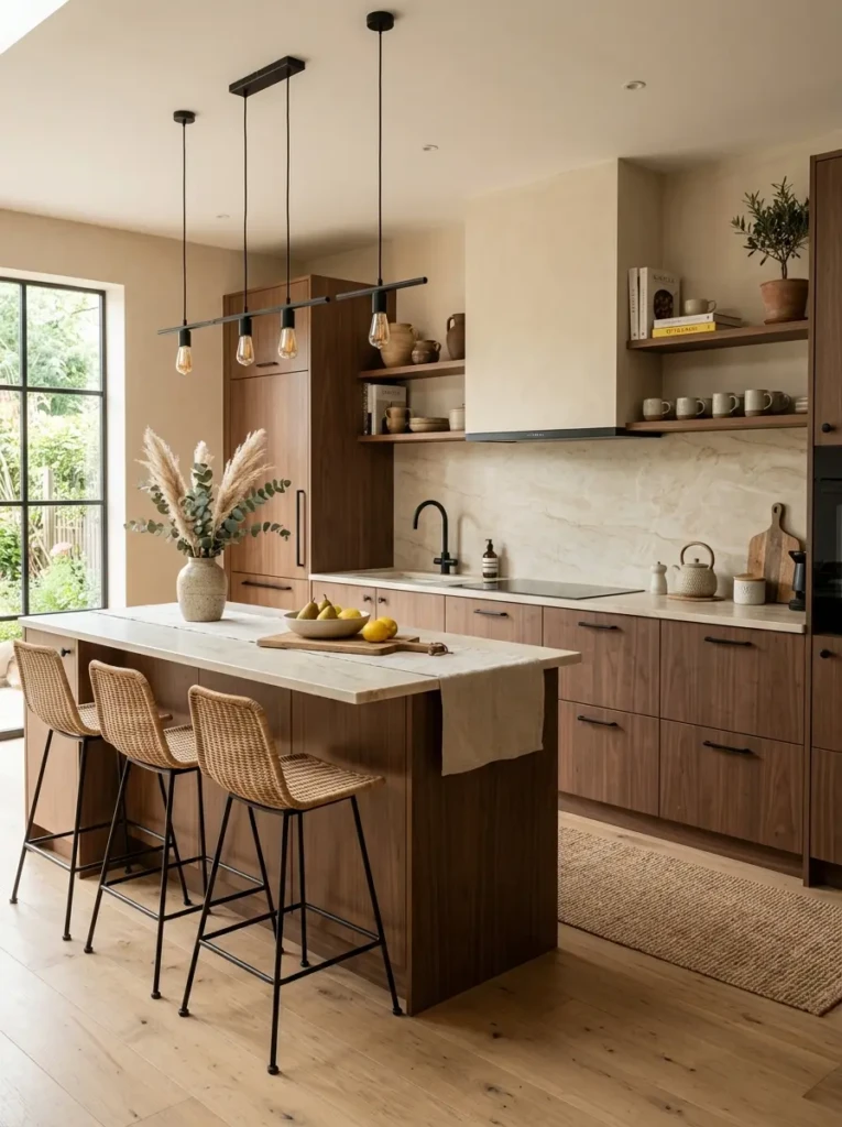 Matte wood cabinets paired with cream countertops and black hardware.