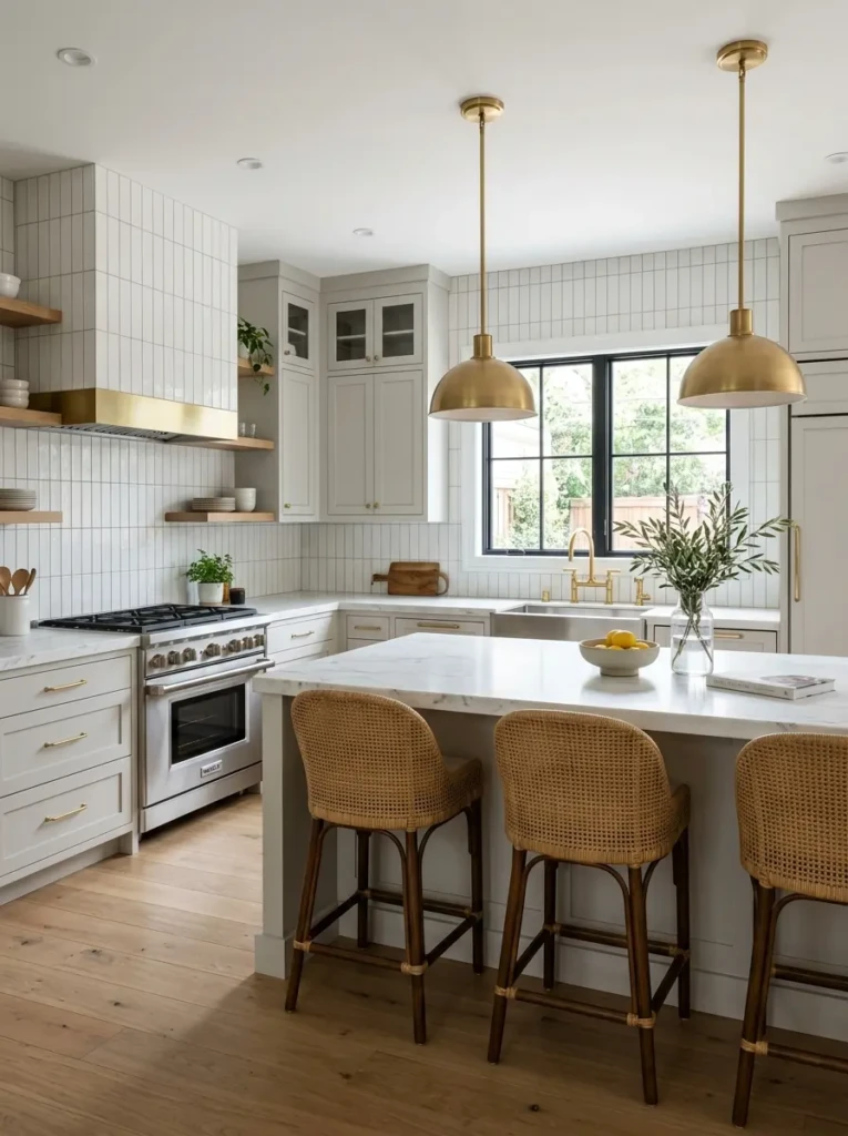 Vertical subway tile backsplash with marble countertops and brass accents.