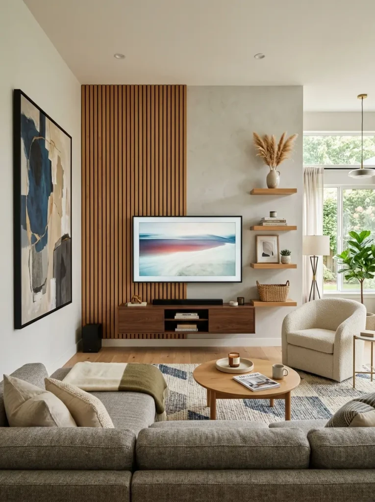Modern TV feature wall with wood slats and elegant living room decor.