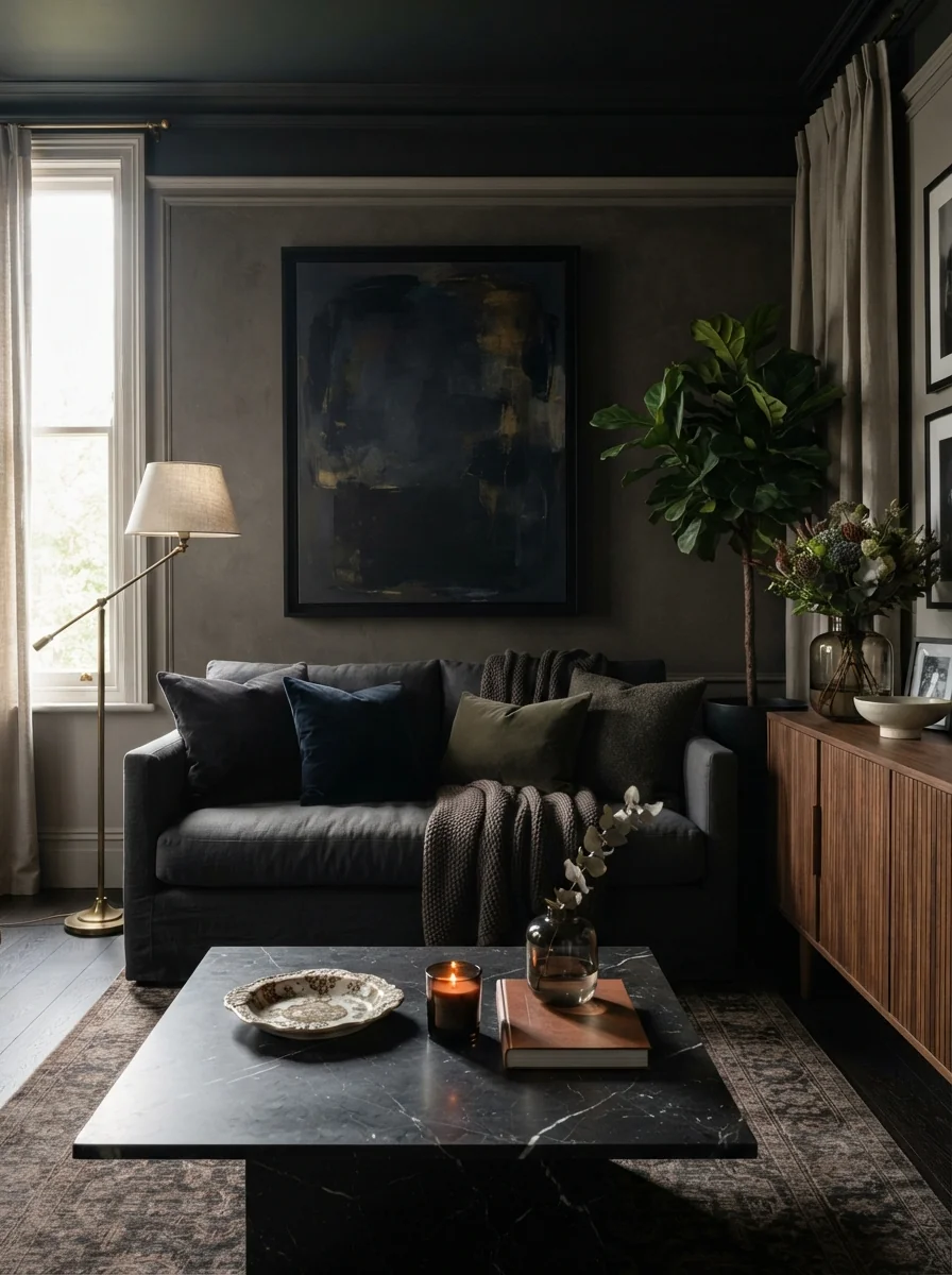 2. Moody Modern Lounge With Black Accents