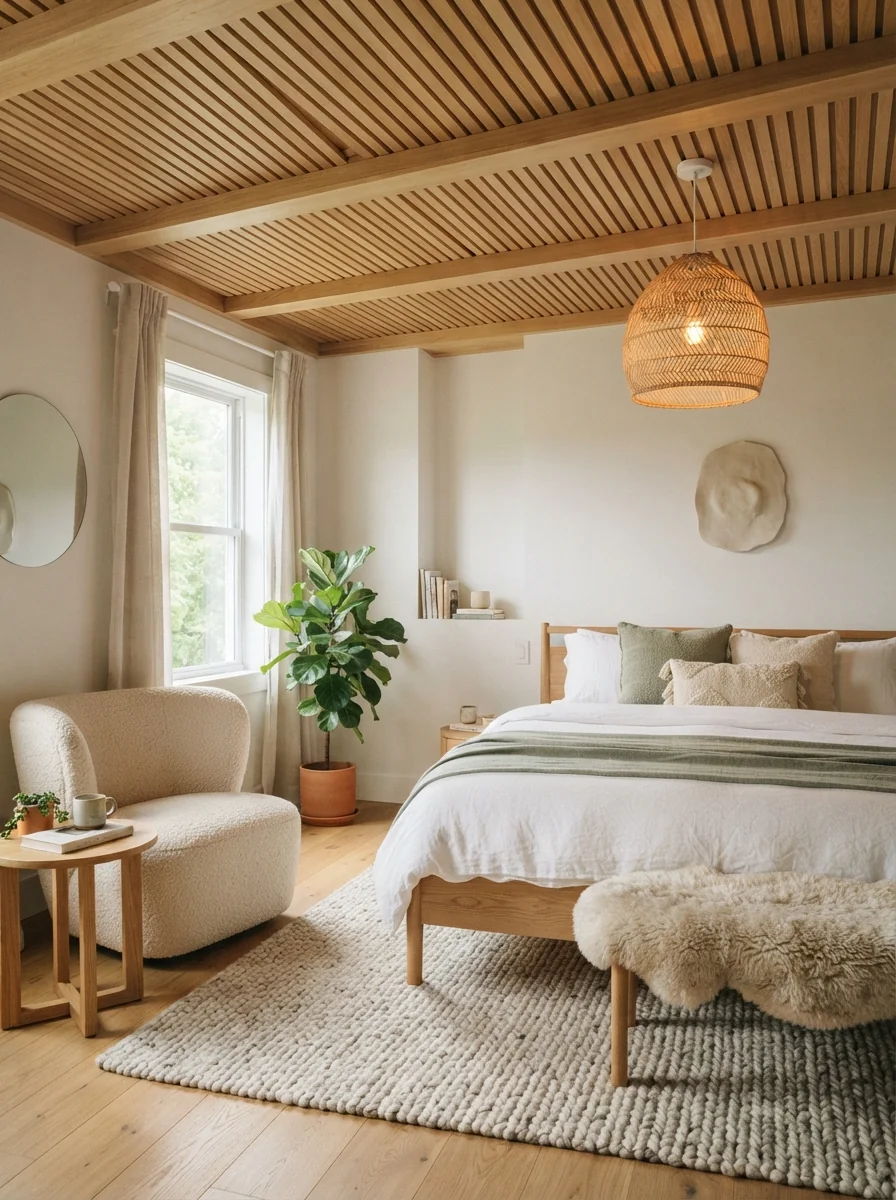 2. Natural Wood Slat Ceiling With Scandinavian Warmth