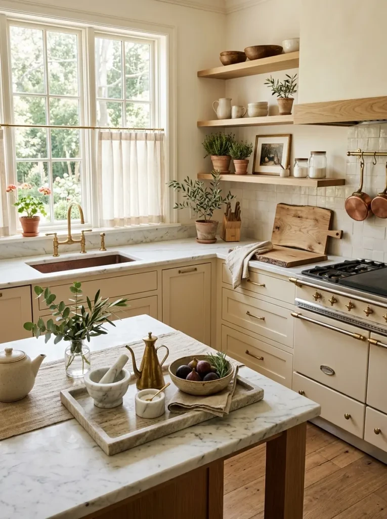 Natural stone accessories styled on countertops in an off white kitchen.