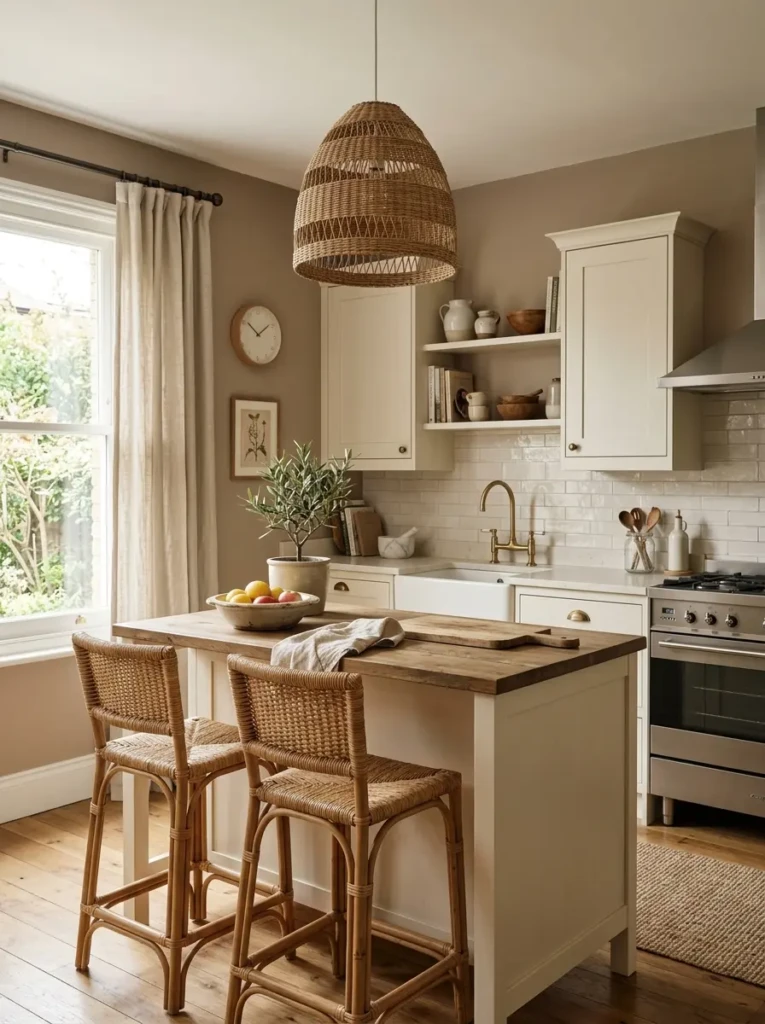 Warm neutral color palette featuring ivory cabinets and soft taupe walls.