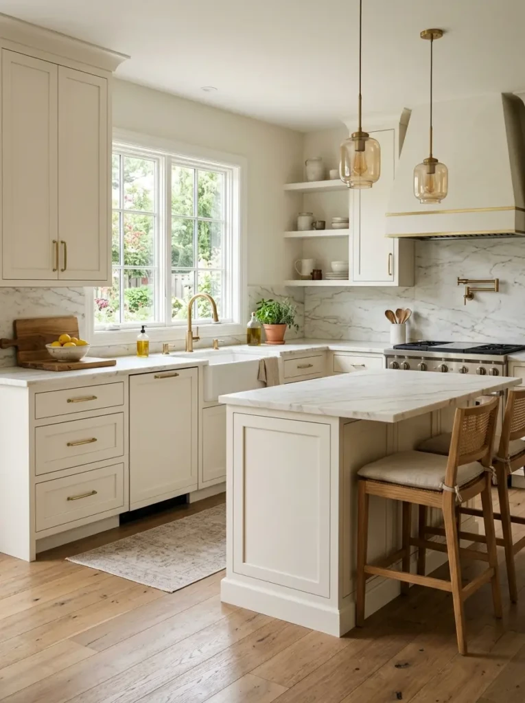 Off white kitchen featuring brass faucet and matching cabinet hardware.