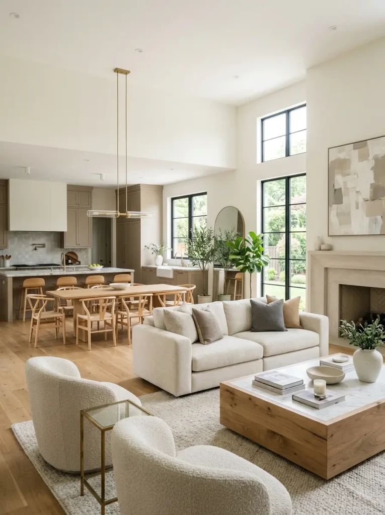 Bright open layout living room dining room with balanced minimalist styling.