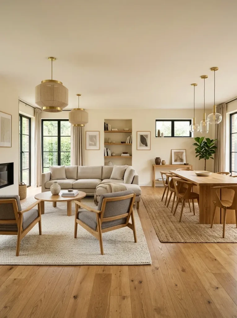 Modern open layout living room dining room using lighting and rugs to define spaces.
