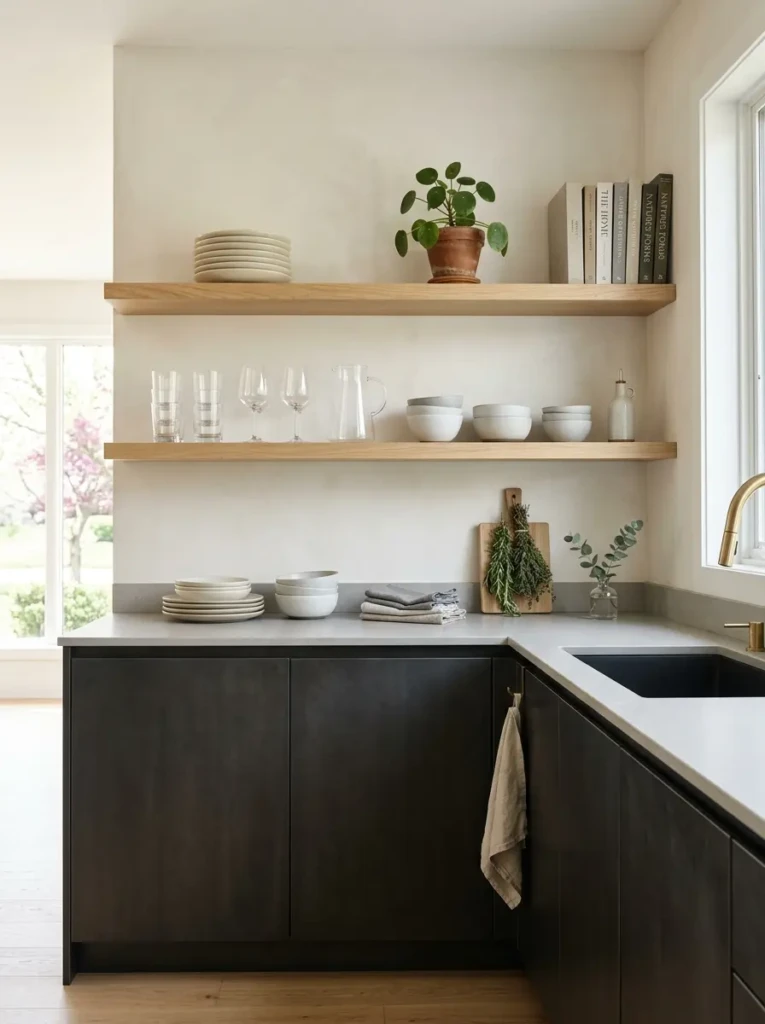 Stylish open shelves displaying ceramics, plants, and glassware beside dark cabinets.