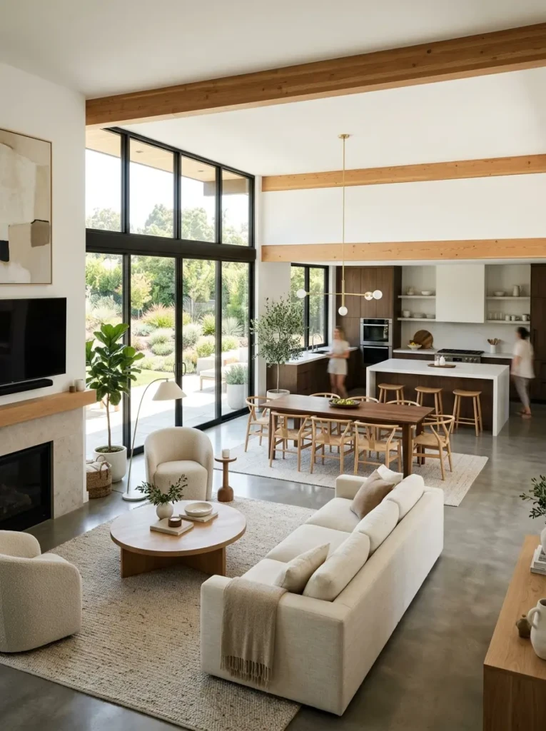Functional open layout living room dining room with spacious furniture arrangement.