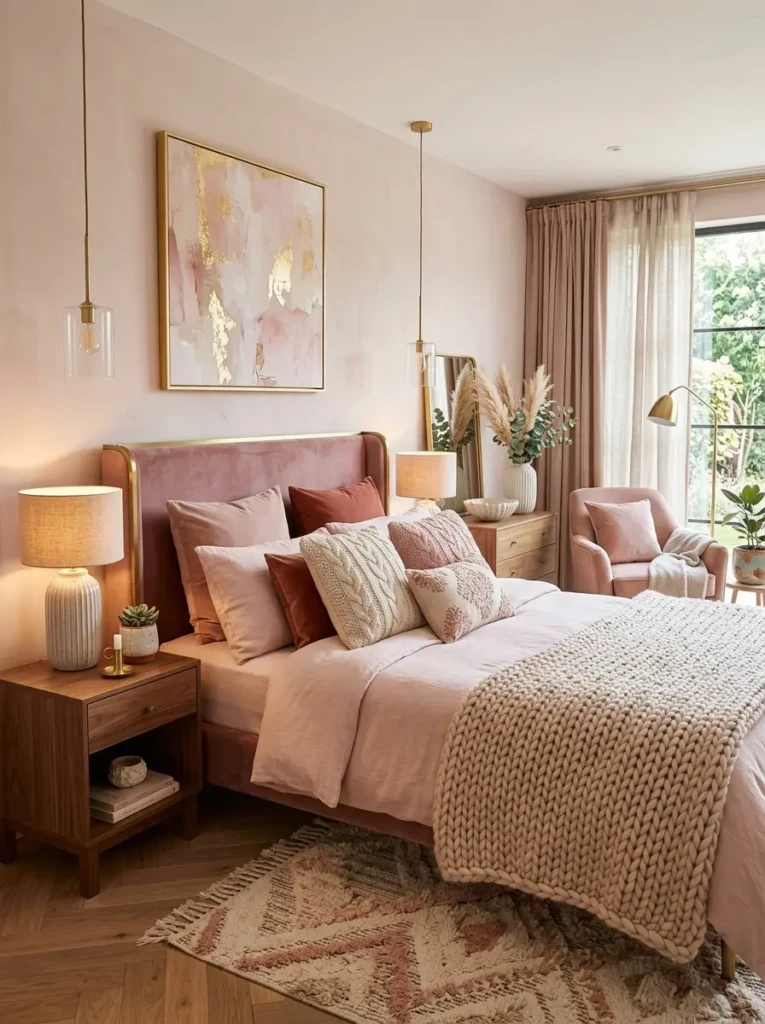 Feminine bedroom with layered fabrics and natural wood furniture.