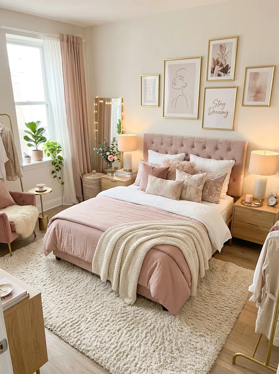 Stylish girly pink bedroom with layered textures and elegant feminine decor.