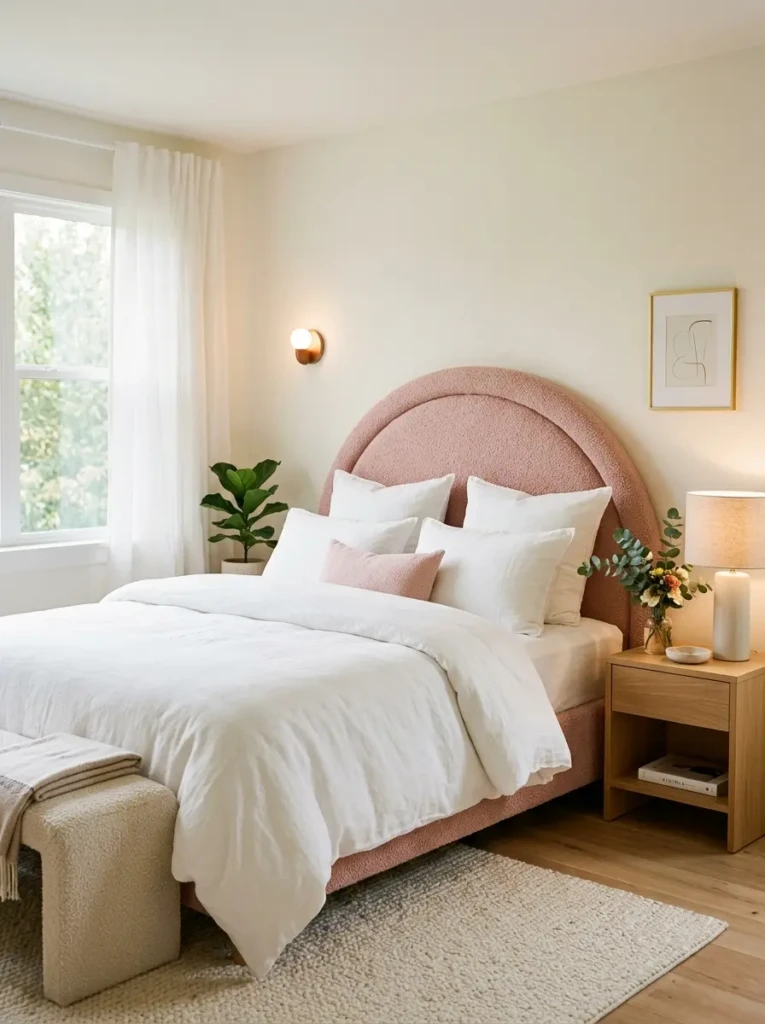 Curved pink boucle headboard creating a cozy modern bedroom focal point.