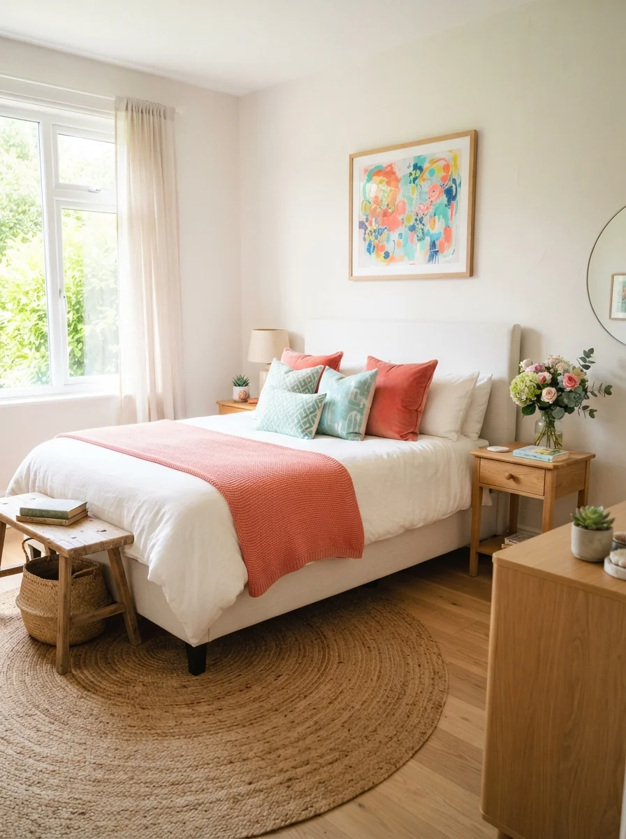 9. Playful Guest Bedroom With Pops of Coral and Aqua