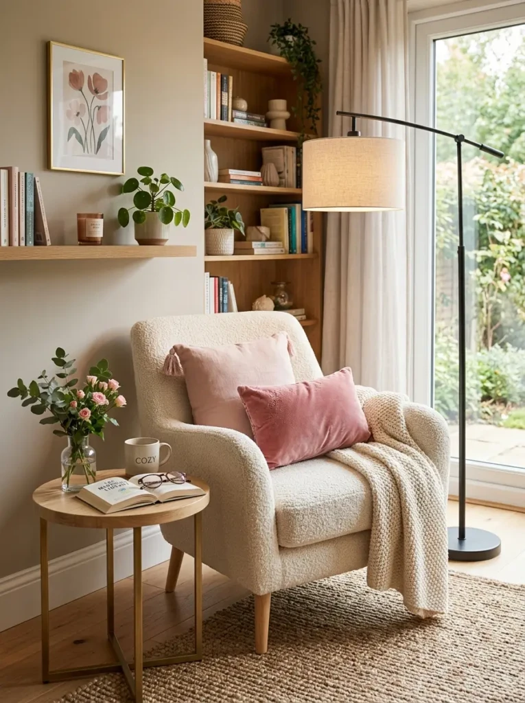 Stylish bedroom reading corner with comfortable chair and warm lighting.
