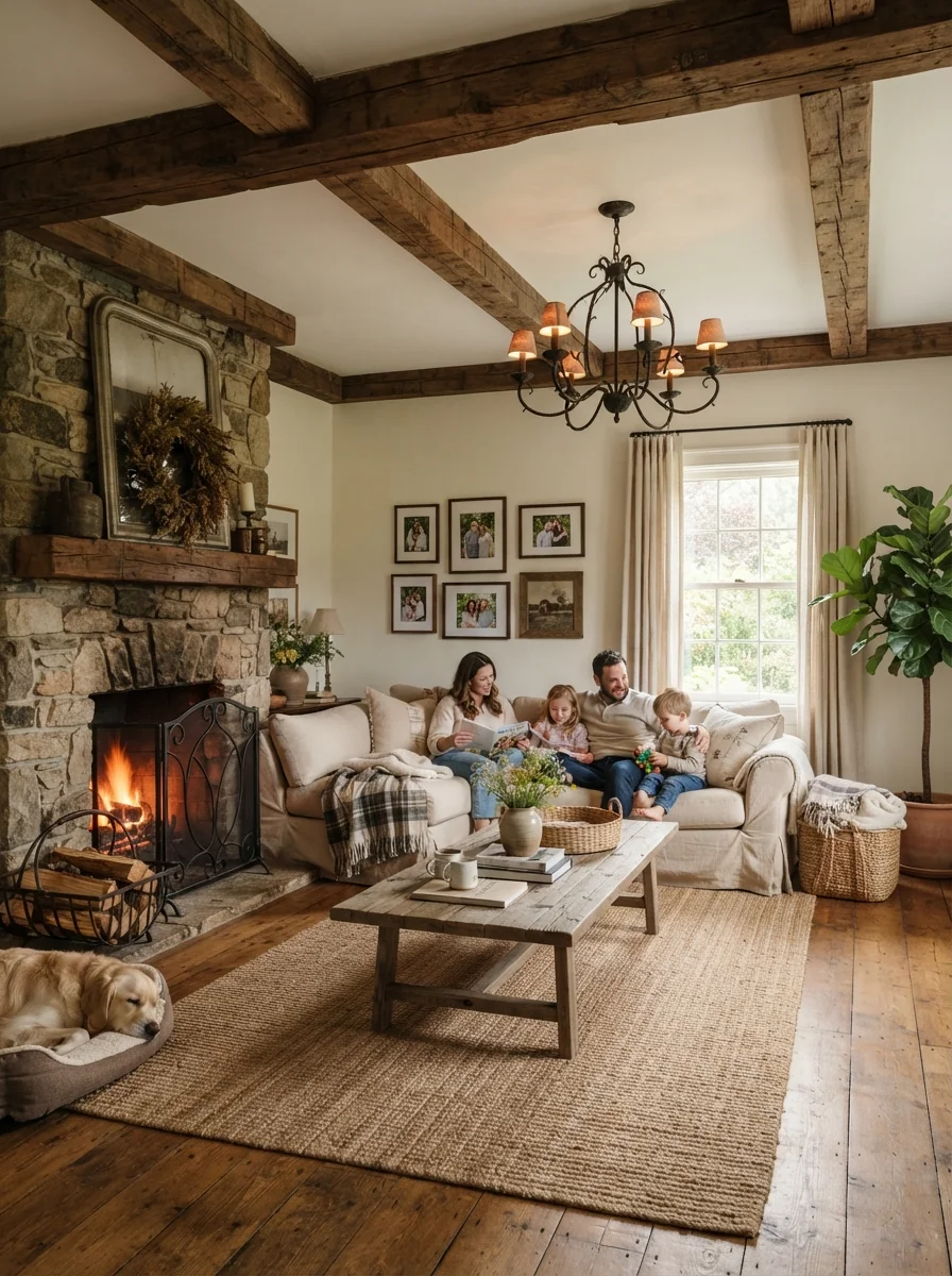 2. Rustic Exposed Beam Farmhouse Gathering Room