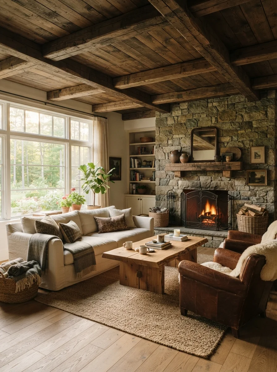 1. Rustic Exposed Beam Living Room Retreat