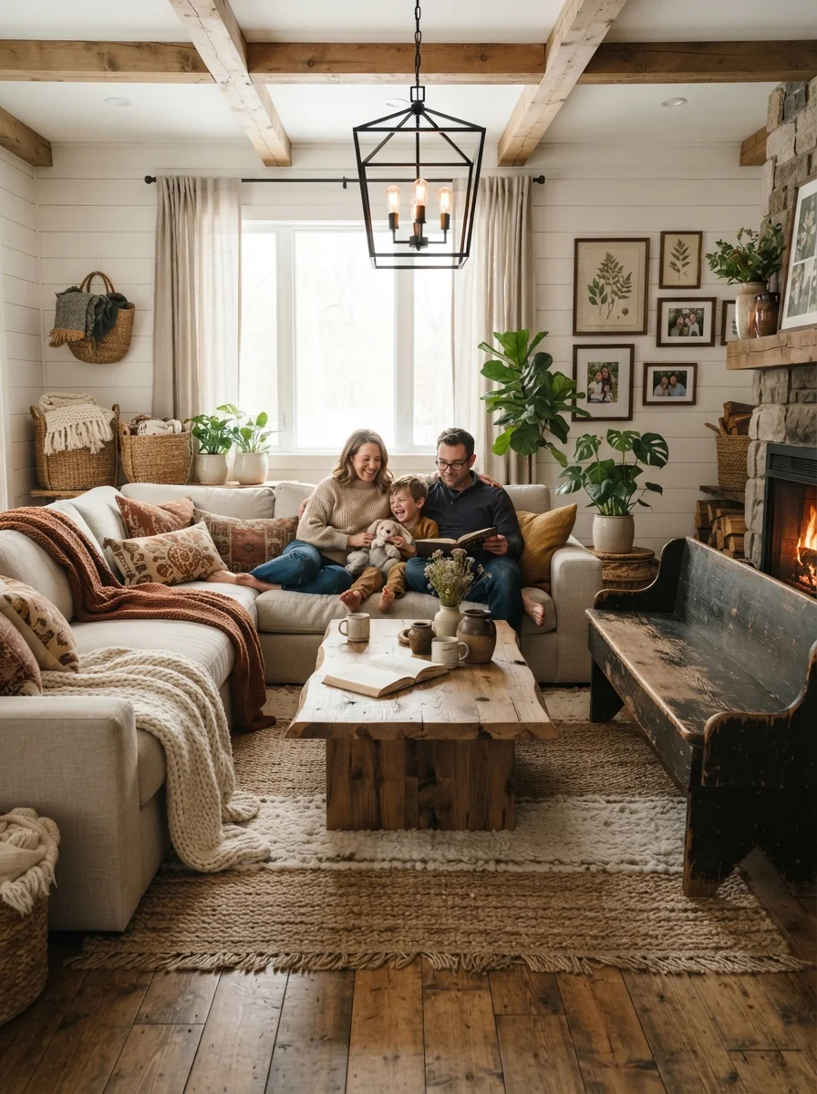10. Rustic Farmhouse Boho Gathering Room