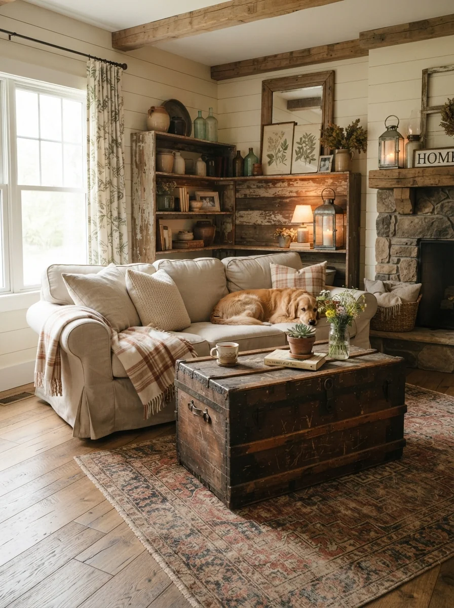 10. Rustic Farmhouse Living Room With Antique Wooden Trunk