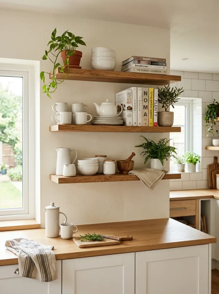 Decorative shelves displaying ceramics, plants, and cookbooks.