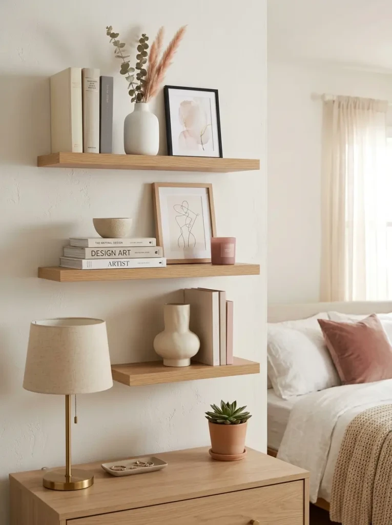 Elegant bedroom shelves with ceramics, framed art, and decorative books.