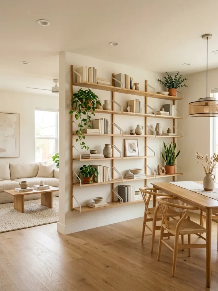 Minimal open layout shelves styled with books, plants, and neutral decor.
