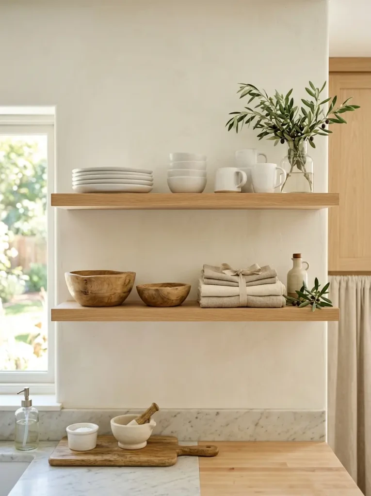 Minimal open shelves with white dishes and wooden bowls in an airy kitchen.