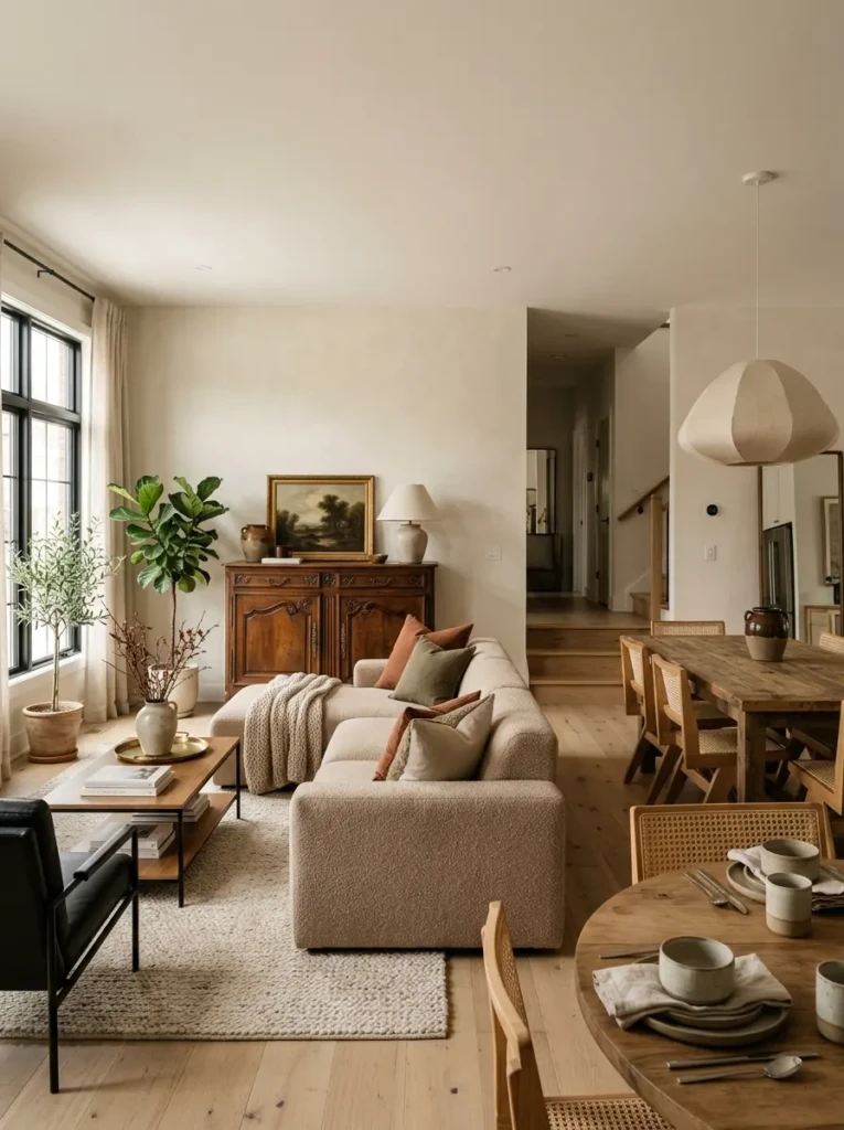 Contemporary open layout living room dining room with vintage-inspired decor.