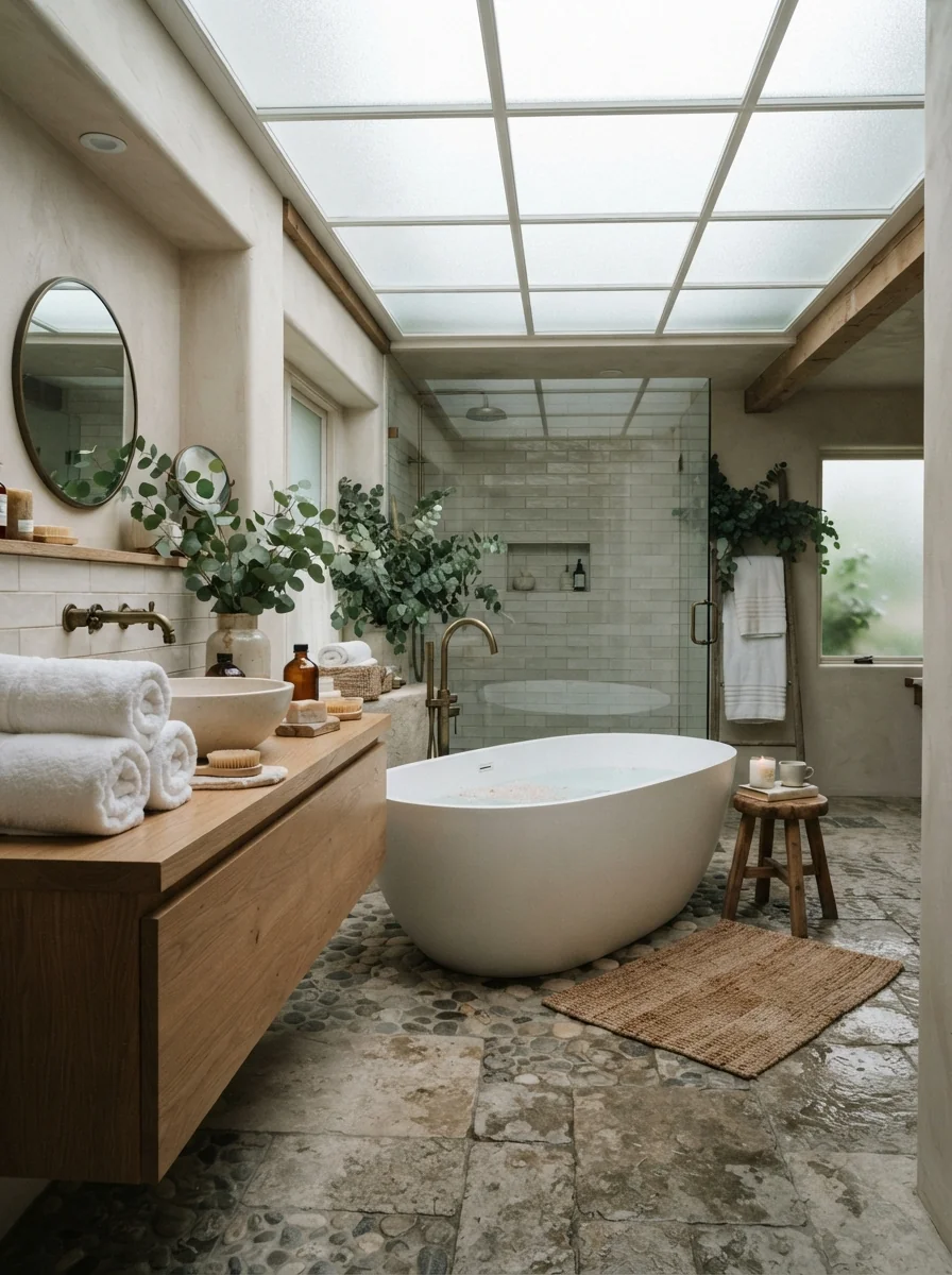 5. Spa-Inspired Bathroom With a Frosted Glass Ceiling