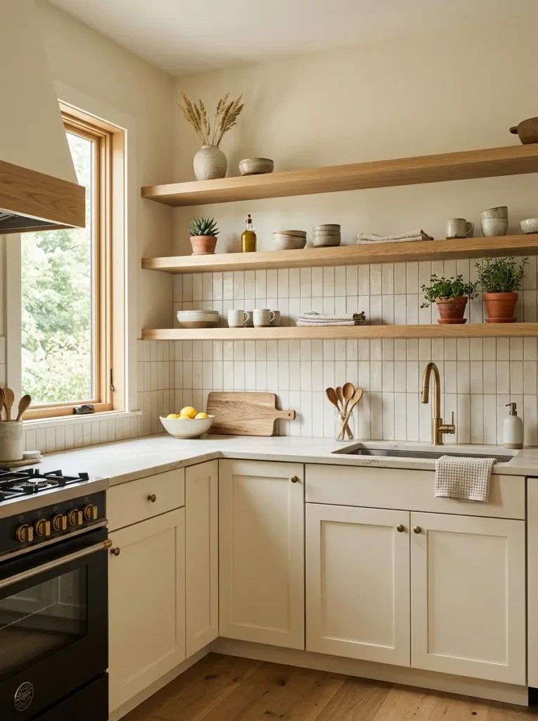 Vertical handmade subway tile backsplash with creamy cabinetry and oak shelves.