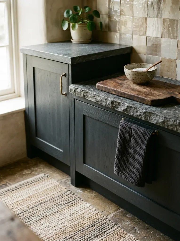 Close-up of textured stone, woven rug, and charcoal kitchen cabinetry.