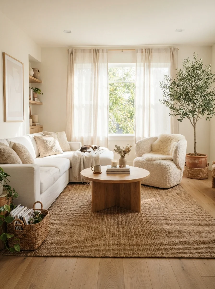1. Sunlit Scandinavian Organic Living Room Retreat
