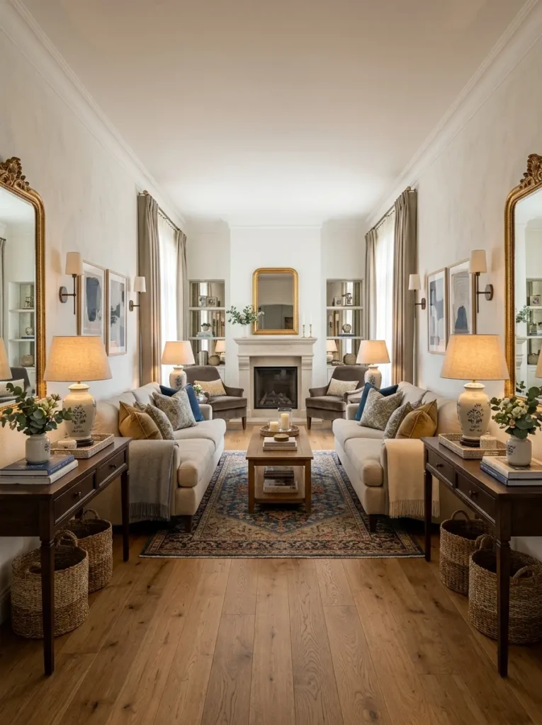 Matching decor and lighting creating a balanced long living room.