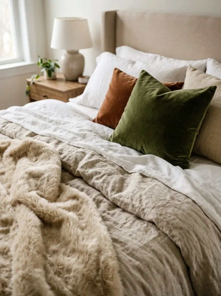 Close-up of linen, velvet, faux fur, and cotton bedding textures.
