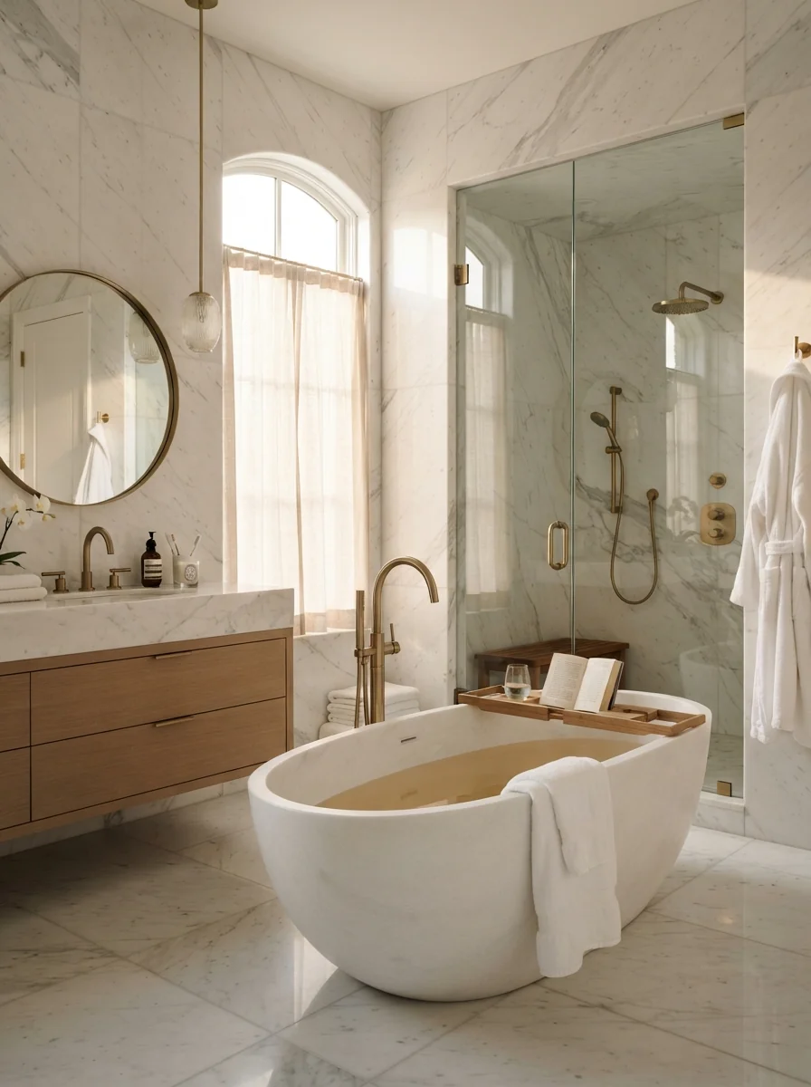 1. Timeless Marble Retreat With Warm Brass Elegance