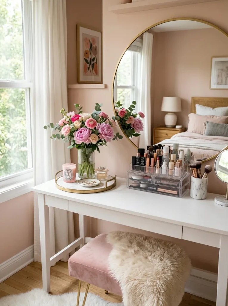Organized vanity table with acrylic storage and elegant pink accessories.