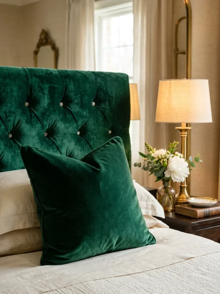Rich velvet fabric reflecting warm lighting in a modern bedroom.