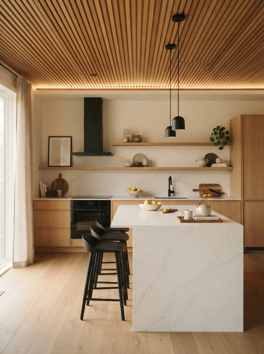 1. Warm Wooden Slat Ceiling With Modern Minimalism