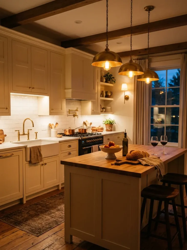 Cozy off white kitchen illuminated by soft layered lighting and brass fixtures.