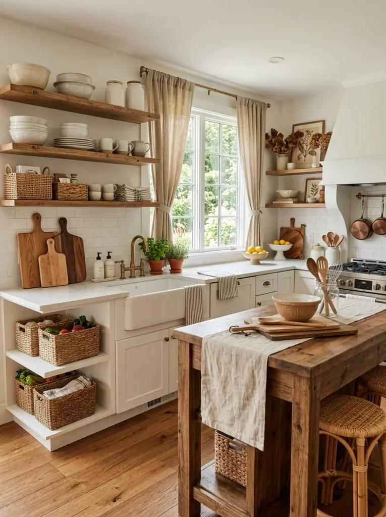 White kitchen styled with woven baskets, wood accents, and ceramic decor.