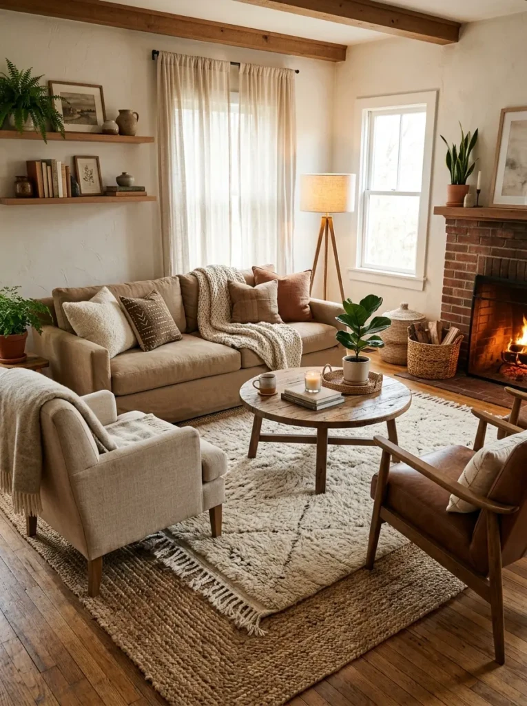 Neutral layered rugs adding warmth and texture to a long living room.